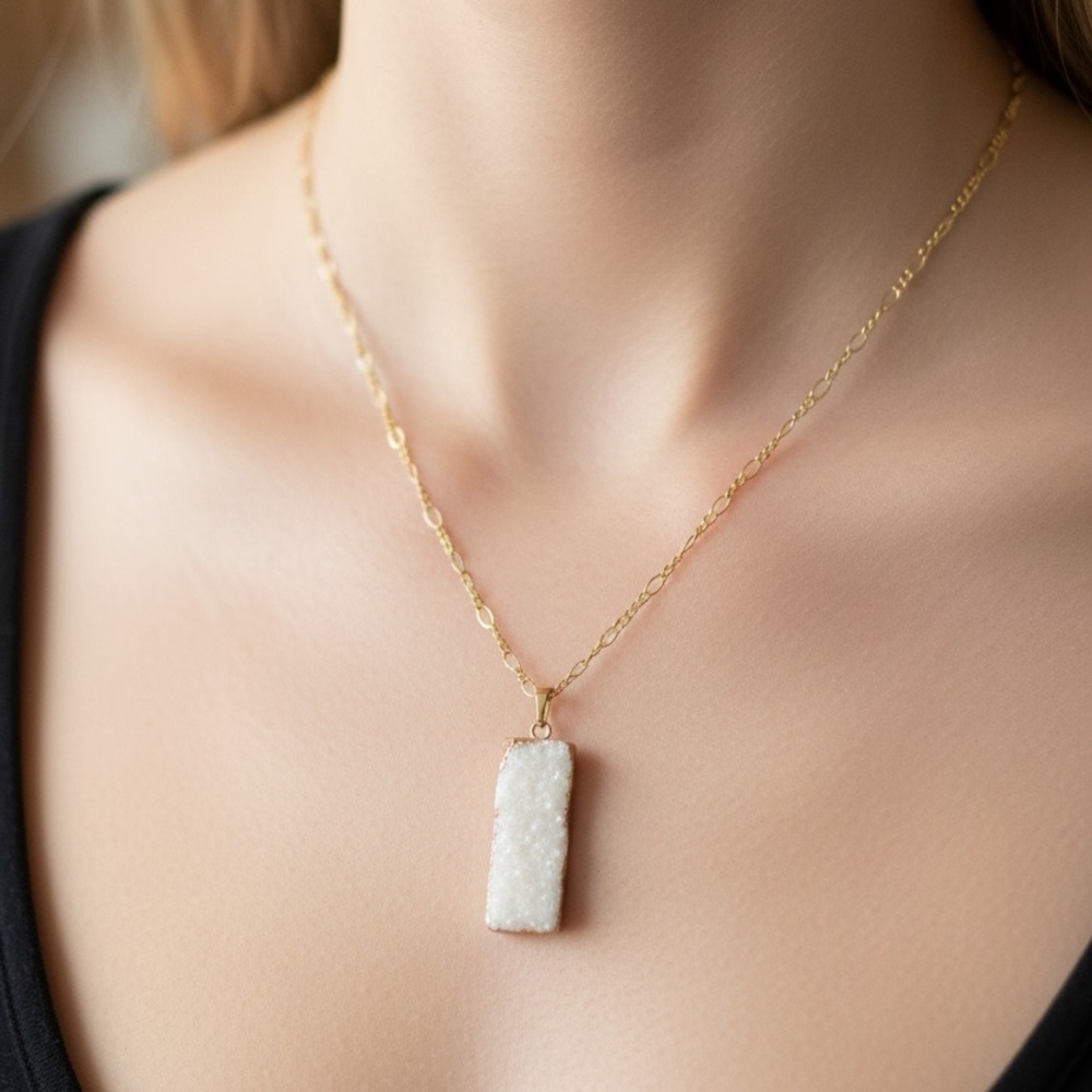 White Druzy Pendant On Gold-tone Necklace, NWT In Gift Box